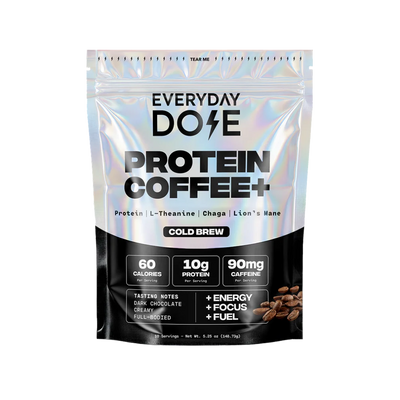 Silver and black pouch labeled Everyday Dose Protein Coffee Cold Brew with coffee beans and nutrition callouts