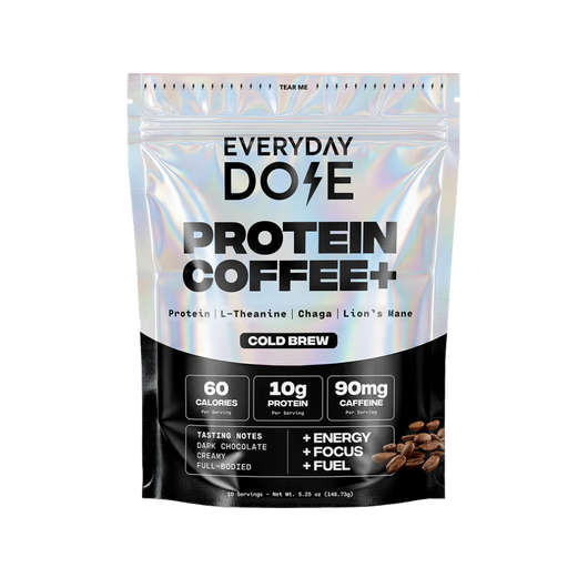 Silver and black pouch labeled Everyday Dose Protein Coffee Cold Brew with coffee beans and nutrition callouts
