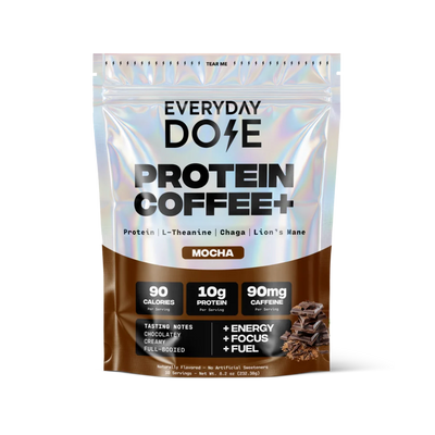 Everyday Dose mocha protein coffee pouch with 10g protein 90mg caffeine and chocolate graphics