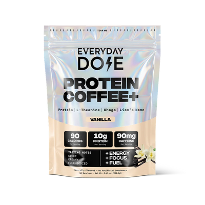 Vanilla protein coffee powder pouch labeled Everyday Dose with 90 calories 10g protein and 90mg caffeine
