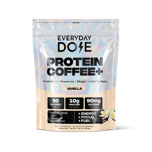 Vanilla protein coffee powder pouch labeled Everyday Dose with 90 calories 10g protein and 90mg caffeine