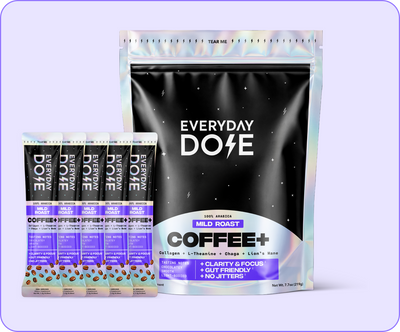Front view of 30 serving Coffee+ pouch showcasing the Everyday Dose logo with five free stick packs displayed to the left on a light purple background